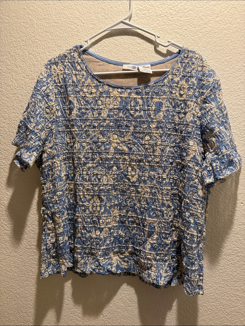 East 5th Blue and Cream Textured Short Sleeve Blouse